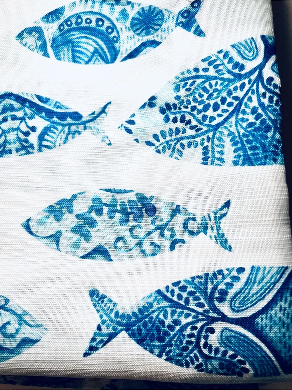 Patterned Blue Fish Fabric Shower Curtain Coastal Beach